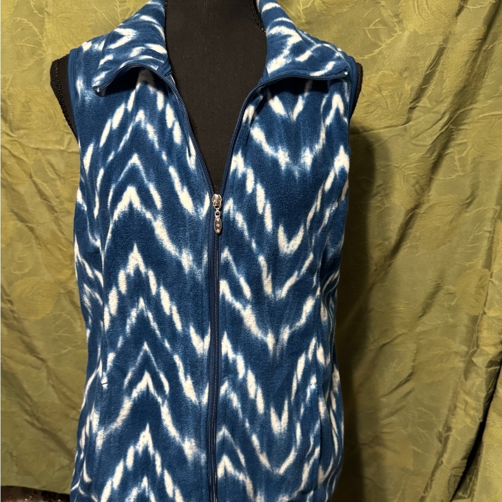 French Laundry Blue and Cream Patterned Zip-Up Vest with Pockets Sz M